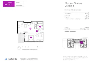 Rzut - Mieszkanie na sprzedaż 2 pokoje o powierzchni 42,88 m² - numer 28.B.0.2 w Murapol Siewierz Jeziorna bud. 27 i 28