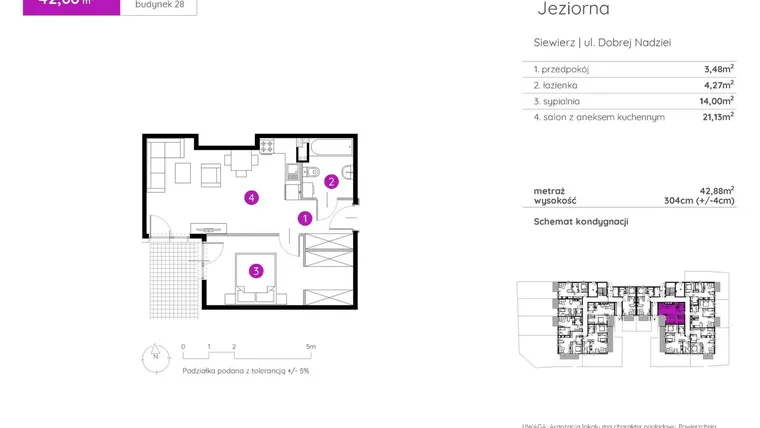 Rzut - Mieszkanie na sprzedaż 2 pokoje o powierzchni 42,88 m² - numer 28.B.0.2 w Murapol Siewierz Jeziorna bud. 27 i 28