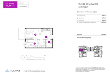 Rzut - Mieszkanie na sprzedaż 2 pokoje o powierzchni 35,34 m² - numer 28.A.3.6 w Murapol Siewierz Jeziorna bud. 27 i 28