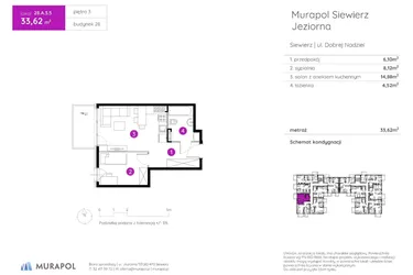 Rzut - Mieszkanie na sprzedaż 2 pokoje o powierzchni 33,62 m² - numer 28.A.3.5 w Murapol Siewierz Jeziorna bud. 27 i 28