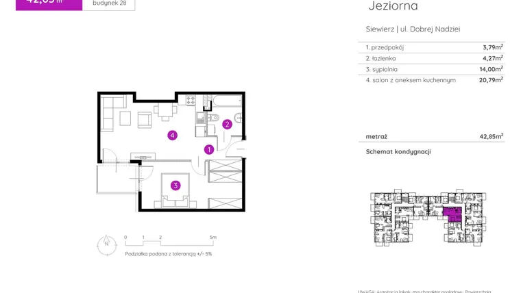 Rzut - Mieszkanie na sprzedaż 2 pokoje o powierzchni 42,85 m² - numer 28.B.1.2 w Murapol Siewierz Jeziorna bud. 27 i 28