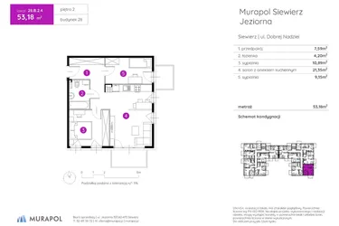 Rzut - Mieszkanie na sprzedaż 3 pokoje o powierzchni 53,18 m² - numer 28.B.2.4 w Murapol Siewierz Jeziorna bud. 27 i 28
