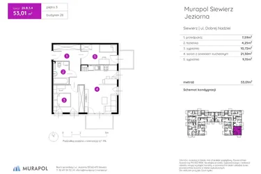 Rzut - Mieszkanie na sprzedaż 3 pokoje o powierzchni 53,01 m² - numer 28.B.3.4 w Murapol Siewierz Jeziorna bud. 27 i 28