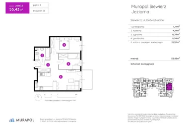 Rzut - Mieszkanie na sprzedaż 2 pokoje o powierzchni 53,43 m² - numer 28.B.3.5 w Murapol Siewierz Jeziorna bud. 27 i 28