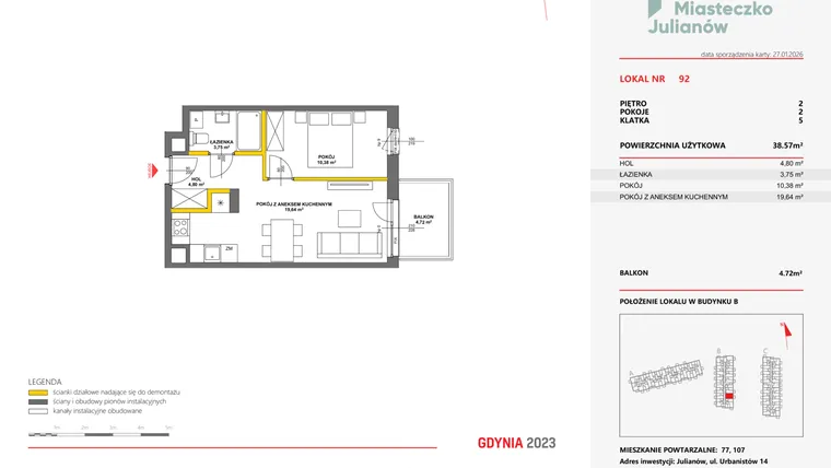 Rzut - Mieszkanie na sprzedaż 2 pokoje o powierzchni 38,43 m² - numer 92 w Miasteczko Julianów