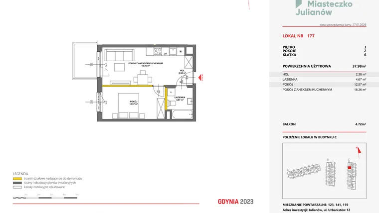 Rzut - Mieszkanie na sprzedaż 2 pokoje o powierzchni 37,98 m² - numer 177 w Miasteczko Julianów