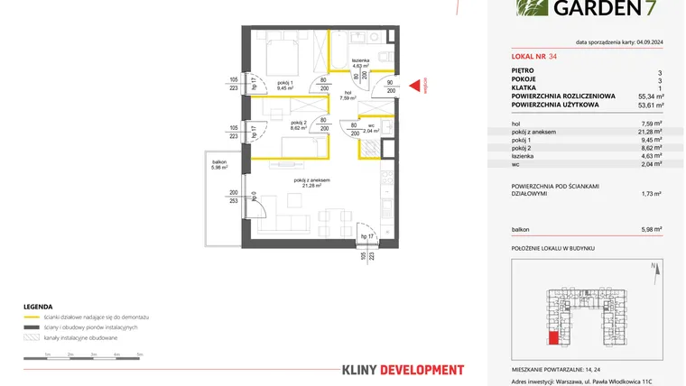 Rzut - Mieszkanie na sprzedaż 3 pokoje o powierzchni 53,61 m² - numer 34 w Nova Viva Garden 7