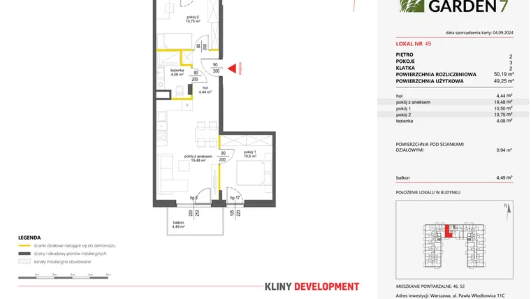 Rzut - Mieszkanie na sprzedaż 3 pokoje o powierzchni 49,25 m² - numer 49 w Nova Viva Garden 7