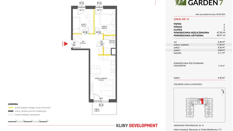 Rzut - Mieszkanie na sprzedaż 3 pokoje o powierzchni 46,41 m² - numer 50 w Nova Viva Garden 7