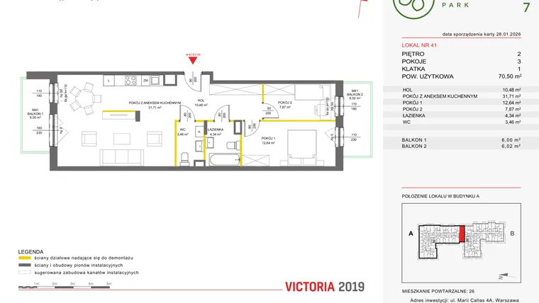 Rzut - Mieszkanie na sprzedaż 3 pokoje o powierzchni 70,42 m² - numer 41 w Olchowy Park VII