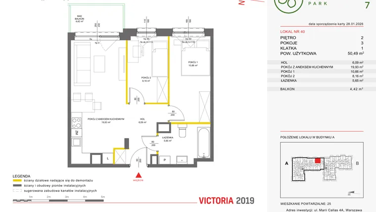 Rzut - Mieszkanie na sprzedaż 3 pokoje o powierzchni 50,23 m² - numer 40 w Olchowy Park VII