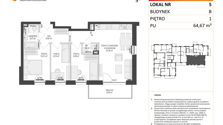 Rzut - Mieszkanie na sprzedaż 4 pokoje o powierzchni 64,67 m² - numer B.5 w Osiedle Warszawska etap III