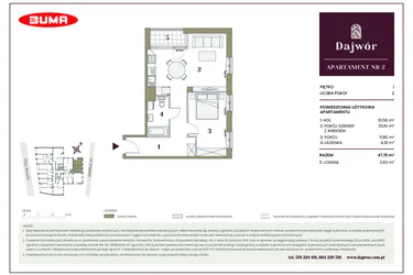 Rzut - Mieszkanie na sprzedaż 2 pokoje o powierzchni 47,15 m² - numer 2 w Dajwór