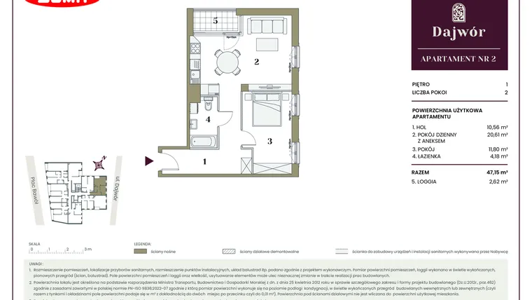 Rzut - Mieszkanie na sprzedaż 2 pokoje o powierzchni 47,15 m² - numer 2 w Dajwór