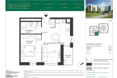 Rzut - Mieszkanie na sprzedaż 2 pokoje o powierzchni 39,86 m² - numer 1.M12 w Sosnovia