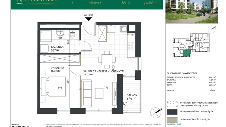 Rzut - Mieszkanie na sprzedaż 2 pokoje o powierzchni 39,86 m² - numer 1.M12 w Sosnovia