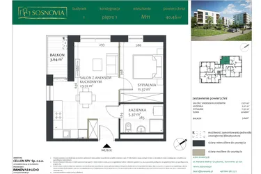 Rzut - Mieszkanie na sprzedaż 2 pokoje o powierzchni 40,46 m² - numer 1.M11 w Sosnovia