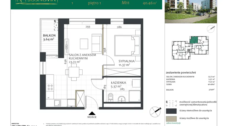 Rzut - Mieszkanie na sprzedaż 2 pokoje o powierzchni 40,46 m² - numer 1.M11 w Sosnovia