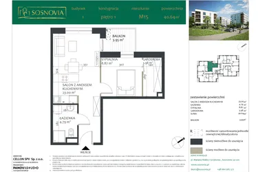 Rzut - Mieszkanie na sprzedaż 2 pokoje o powierzchni 40,61 m² - numer 1.M15 w Sosnovia