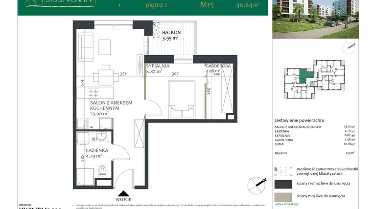 Rzut - Mieszkanie na sprzedaż 2 pokoje o powierzchni 40,61 m² - numer 1.M15 w Sosnovia