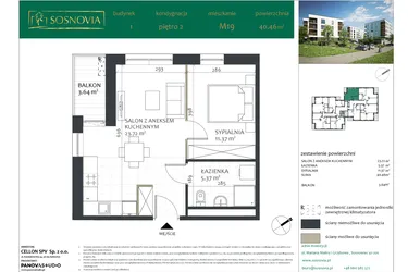 Rzut - Mieszkanie na sprzedaż 2 pokoje o powierzchni 40,46 m² - numer 1.M19 w Sosnovia