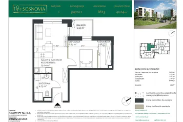 Rzut - Mieszkanie na sprzedaż 2 pokoje o powierzchni 40,61 m² - numer 1.M23 w Sosnovia