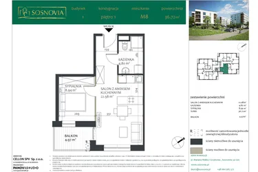 Rzut - Mieszkanie na sprzedaż 2 pokoje o powierzchni 36,72 m² - numer 1.M8 w Sosnovia