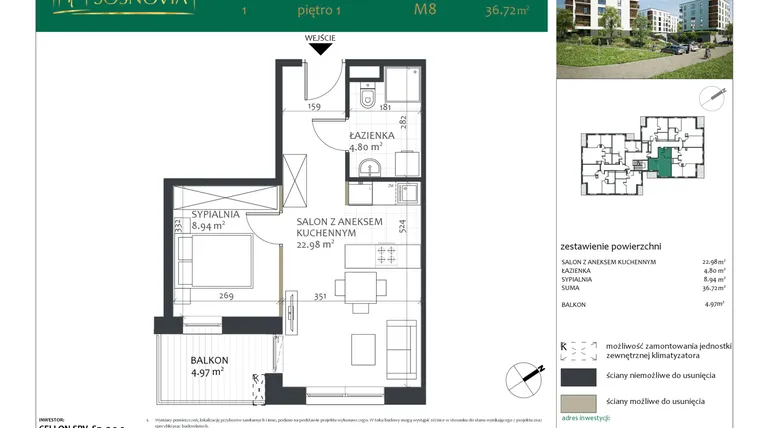 Rzut - Mieszkanie na sprzedaż 2 pokoje o powierzchni 36,72 m² - numer 1.M8 w Sosnovia