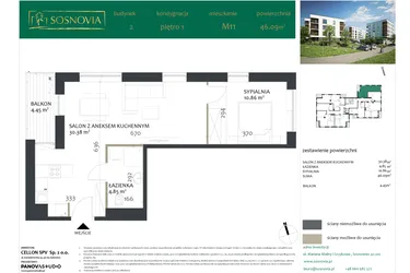 Rzut - Mieszkanie na sprzedaż 2 pokoje o powierzchni 46,09 m² - numer 2.M11 w Sosnovia