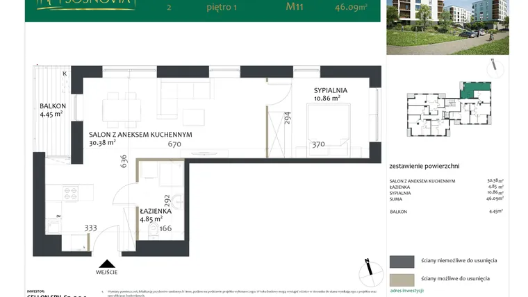 Rzut - Mieszkanie na sprzedaż 2 pokoje o powierzchni 46,09 m² - numer 2.M11 w Sosnovia