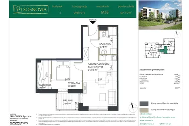 Rzut - Mieszkanie na sprzedaż 2 pokoje o powierzchni 40,6 m² - numer 2.M28 w Sosnovia