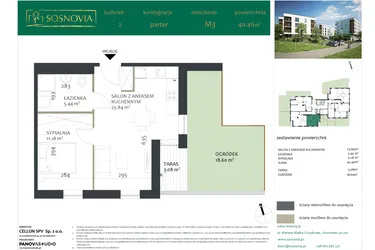 Rzut - Mieszkanie na sprzedaż 2 pokoje o powierzchni 40,46 m² - numer 2.M3 w Sosnovia