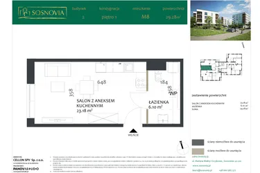 Rzut - Mieszkanie na sprzedaż 1 pokój o powierzchni 29,28 m² - numer 2.M8 w Sosnovia