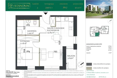 Rzut - Mieszkanie na sprzedaż 2 pokoje o powierzchni 40,51 m² - numer 3.M17 w Sosnovia