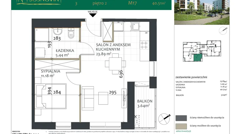 Rzut - Mieszkanie na sprzedaż 2 pokoje o powierzchni 40,51 m² - numer 3.M17 w Sosnovia