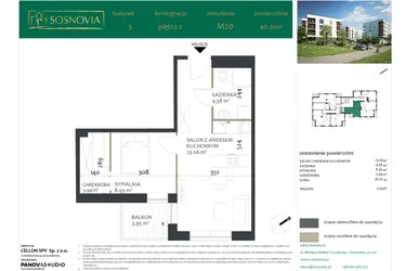 Rzut - Mieszkanie na sprzedaż 2 pokoje o powierzchni 40,24 m² - numer 3.M20 w Sosnovia