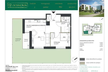 Rzut - Mieszkanie na sprzedaż 2 pokoje o powierzchni 46,77 m² - numer 3.M2 w Sosnovia