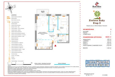 Rzut - Mieszkanie na sprzedaż 3 pokoje o powierzchni 59,95 m² - numer 9 w Zielone Sady etap III