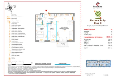Rzut - Mieszkanie na sprzedaż 3 pokoje o powierzchni 60,85 m² - numer 16 w Zielone Sady etap III