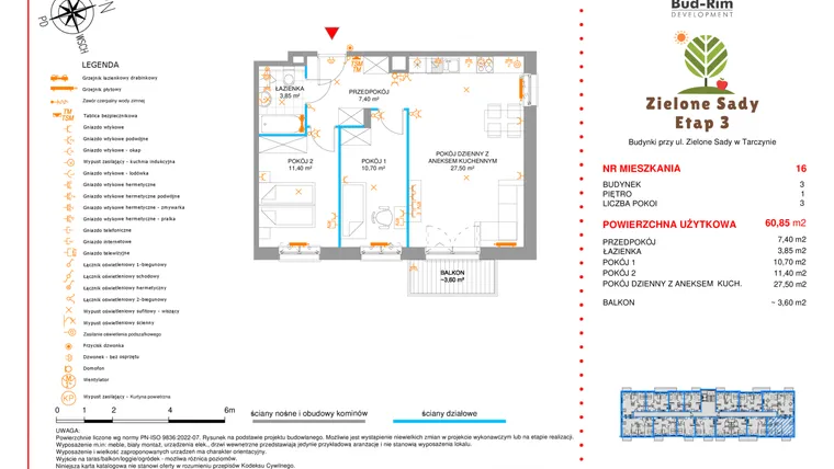 Rzut - Mieszkanie na sprzedaż 3 pokoje o powierzchni 60,85 m² - numer 16 w Zielone Sady etap III