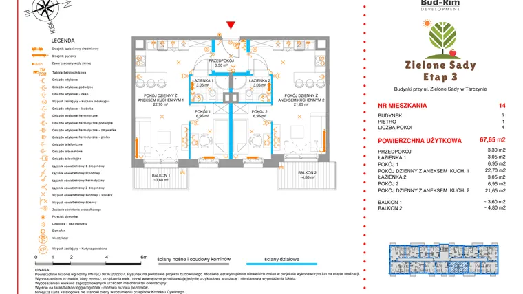 Rzut - Mieszkanie na sprzedaż 4 pokoje o powierzchni 67,65 m² - numer 14 w Zielone Sady etap III