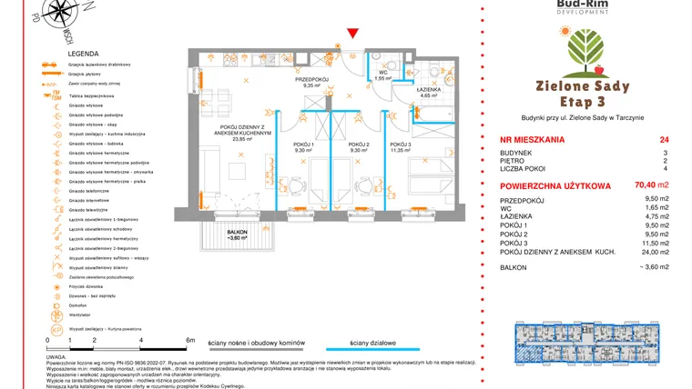 Rzut - Mieszkanie na sprzedaż 4 pokoje o powierzchni 70,4 m² - numer 24 w Zielone Sady etap III