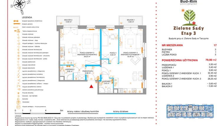 Rzut - Mieszkanie na sprzedaż 3 pokoje o powierzchni 79,9 m² - numer 17 w Zielone Sady etap III