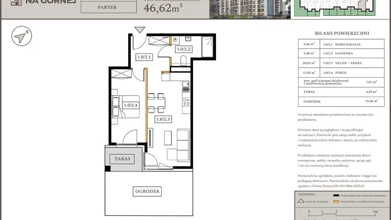 Rzut - Mieszkanie na sprzedaż 2 pokoje o powierzchni 45,61 m² - numer M2 w Osiedle Na Górnej etap V