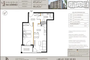 Rzut - Mieszkanie na sprzedaż 2 pokoje o powierzchni 45,61 m² - numer M10 w Osiedle Na Górnej etap V
