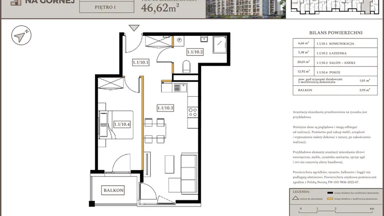 Rzut - Mieszkanie na sprzedaż 2 pokoje o powierzchni 45,61 m² - numer M10 w Osiedle Na Górnej etap V