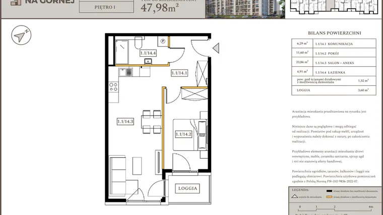 Rzut - Mieszkanie na sprzedaż 2 pokoje o powierzchni 46,66 m² - numer M14 w Osiedle Na Górnej etap V