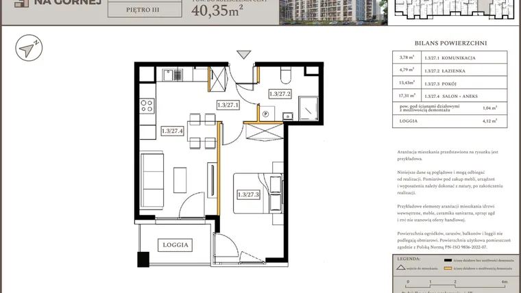 Rzut - Mieszkanie na sprzedaż 2 pokoje o powierzchni 39,31 m² - numer M27 w Osiedle Na Górnej etap V