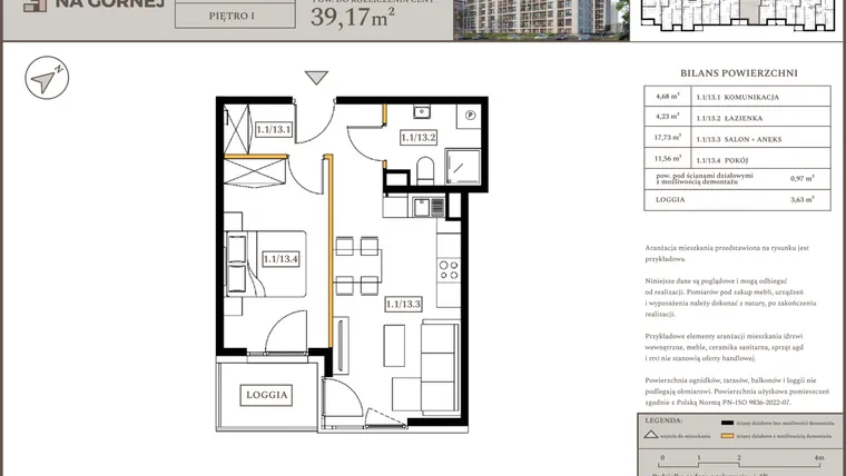 Rzut - Mieszkanie na sprzedaż 2 pokoje o powierzchni 38,2 m² - numer M13 w Osiedle Na Górnej etap V