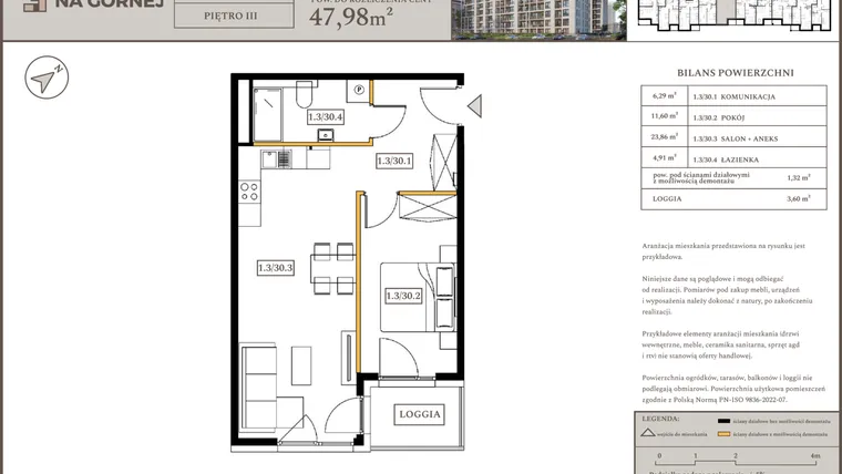 Rzut - Mieszkanie na sprzedaż 2 pokoje o powierzchni 46,66 m² - numer M30 w Osiedle Na Górnej etap V